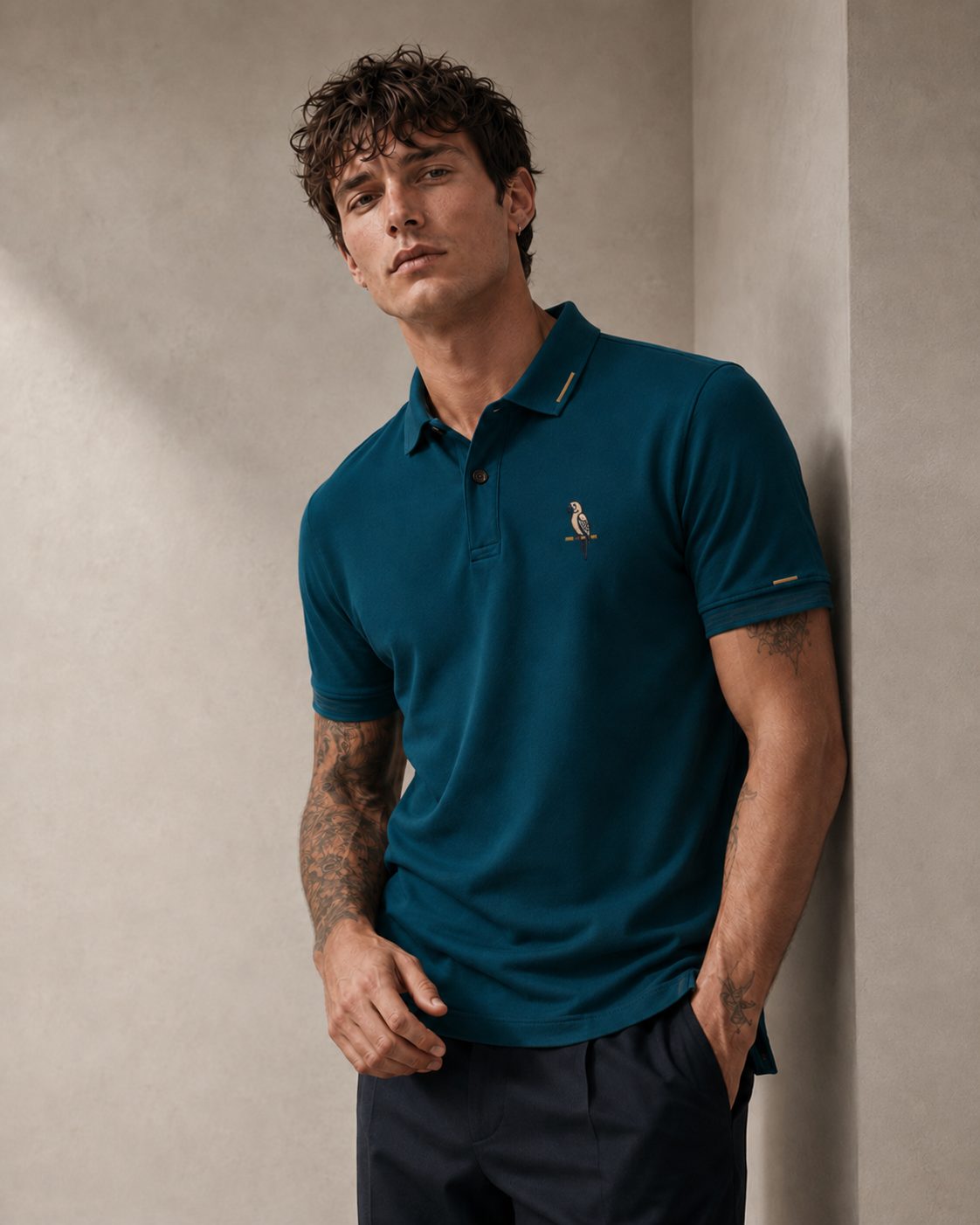 Model wearing the Parrot Polo in deep petrol teal in a relaxed, casual pose