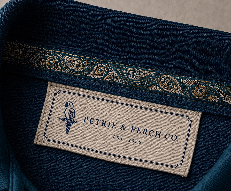 Interior collar showing the jacquard-woven paisley neck tape and the woven Petrie & Perch Co. label